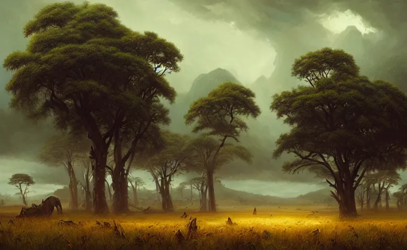 Prompt: a matte landscape painting of grasslands, raining, artistic photograph, impressive, expressive, vibrant, tall trees, ancient earth, temperate savannah, ancient and prehistoric, photorealistic by greg rutkowski, victo ngai, artgerm, willem claesz heda and j. dickenson