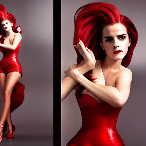 Image similar to Emma Watson modeling as Jessica Rabbit from Zelda, (EOS 5DS R, ISO100, f/8, 1/125, 84mm, postprocessed, crisp face, facial features)