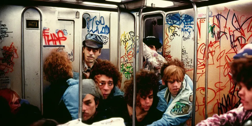 Image similar to new york subway cabin 1 9 8 0 s inside all in graffiti, policeman closeup, coloured film photography, christopher morris photography, bruce davidson photography