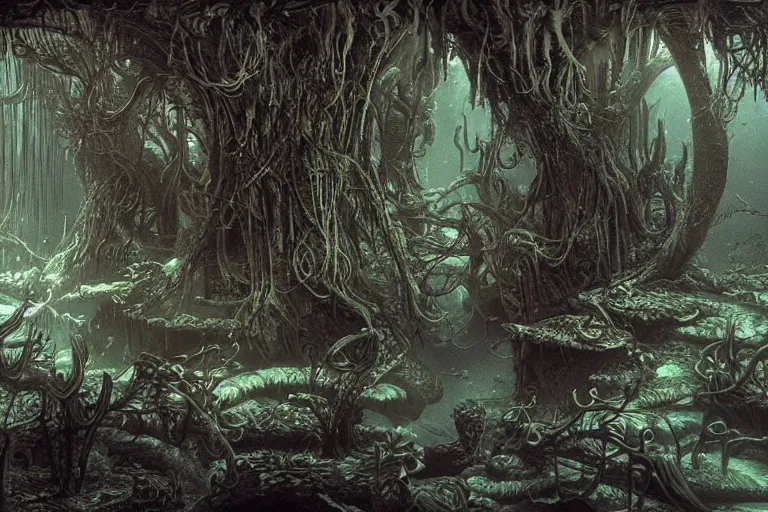 Prompt: Fantastical underwater forest by H R Giger, Moebius and Eywind Earle, trending on artstation