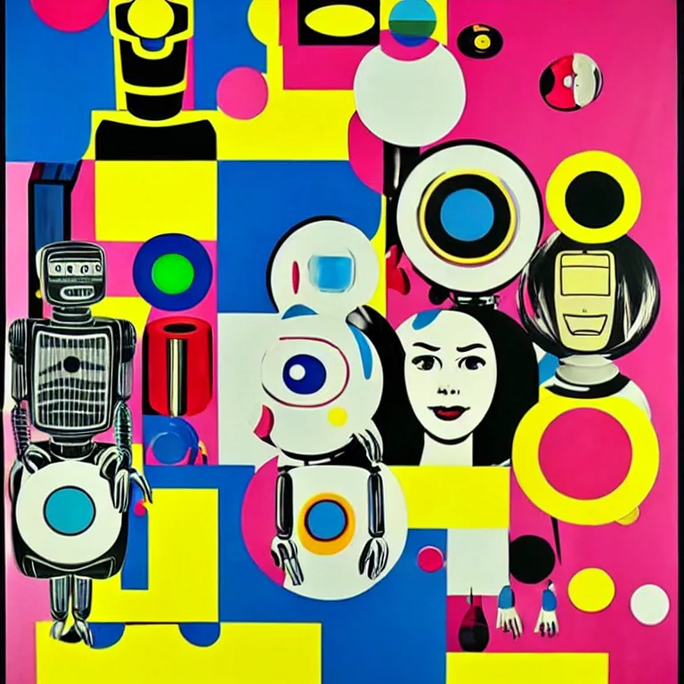 Image similar to ( ( ( ( ( a portrait of a robot family with soap bubbles, pop art ) ) ) ) ) by roy lichtenstein, claes oldenburg, james rosenquist, andy warhol and wayne thiebaud!!!!!!!!!!!!!!!!!!!!!!!!!!!!!!