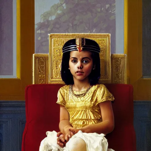 Image similar to Portrait still photograph of young Cleopatra sitting on her throne in the Oval Office by Norman Rockwell, detailed, textured, medium shot, mid-shot, trending on Artstation