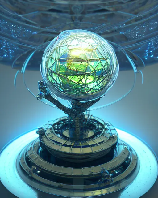 Prompt: futuristic glass armillary sphere, sci - fi, silver, metallic reflection, mechanical parts, intricate, highly detailed, complex 3 d render by simon stalenhag, thomas kinkade, greg rutkowski, craig mullins, ray tracing, unreal engine, blender, sharp focus, luminous, glass, ray of lights, fractal crystal