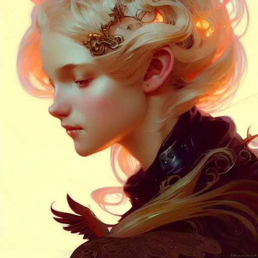 Image similar to A girl with blonde hair, fox ears, glowing halo, wings, fantasy, intricate, elegant, highly detailed, digital painting, artstation, concept art, smooth, sharp focus, illustration, art by Krenz Cushart and Artem Demura and alphonse mucha