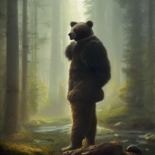 Prompt: Sad man in a bear mask, hyperrealism, no blur, 4k resolution, ultra detailed, style of Jonathan Solter, Peter Mohrbacher,Alexander Trufanov, Finnian MacManus, Ivan Shishkin