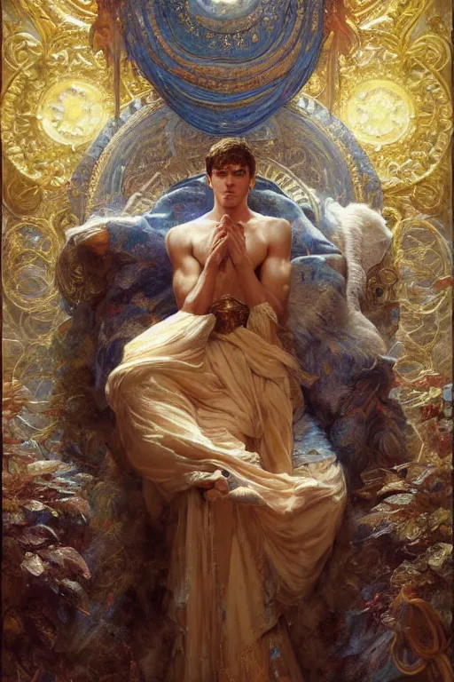 Image similar to full body portrait of a beautiful ethereal delicate mage king meditative pose, highly detailed painting by gaston bussiere, craig mullins, j. c. leyendecker, 8 k, mid shot