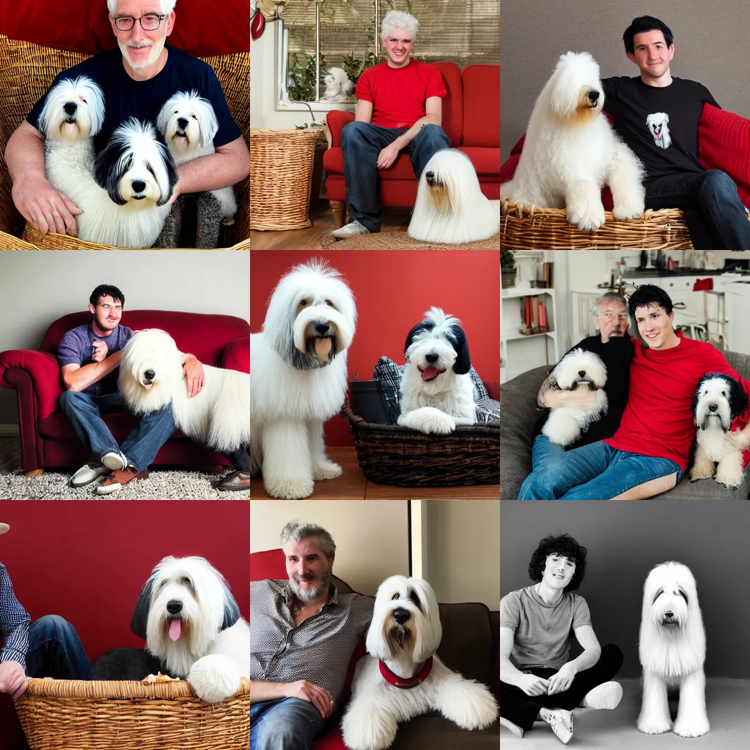 Prompt: an old English sheepdog in a basket with next to him a 30 year old skinny man with short black hair and a red shirt sitting on the couch