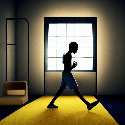 Prompt: black teenage boy with a long nose wearing a white tank top, walking in a nostalgic room with yellow walls and brown carpet, realistic, detailed