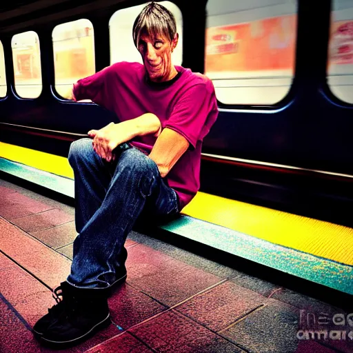 Prompt: tony hawk with his legs amputated on a subway train, photograph, saturated colors, emotional lighting, moody shadows, 4 k