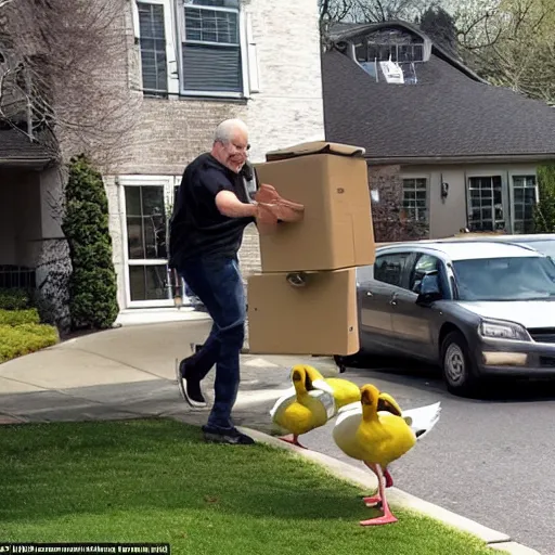 Image similar to A duck excitedly clicks its heels together when a UPS deliveryman walks toward him with a package