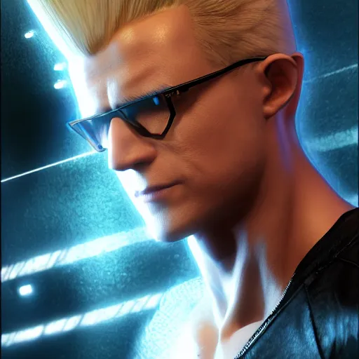 Image similar to albert wesker going super sayain, au naturel, hyper detailed, digital art, trending in artstation, cinematic lighting, studio quality, smooth render, unreal engine 5 rendered, octane rendered, art style by klimt and nixeu and ian sprigger and wlop and krenz cushart