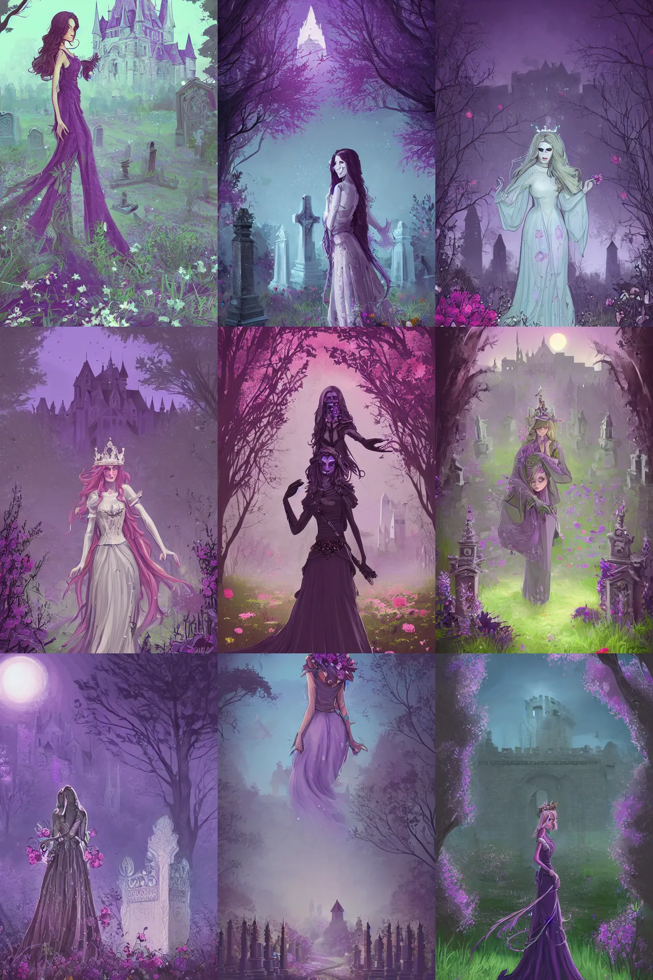 Prompt: beautiful woman, Queen of the ghosts, old cemetery, castle in the background, trees, creepers, beautiful flowers, night, purple color, colorfully, full body shot, detailed illustration, digital art, overdetailed art, concept art, Sylvain Sarrailh, trending on artstation