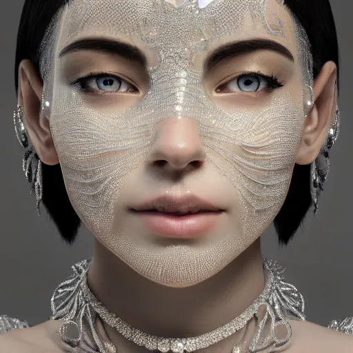 Image similar to full body detailed, ethereal, biomechanical, covered in diamonds and other gems glowing, highly detailed face, elegant posed, intricate, extremy detailed, beeple, cgsociety, 3 d unreal engine octane render. cinematic lighting, highly detailed 4 k art