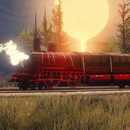 Image similar to futuristic sleek steam locomotive in red dead redemption 2