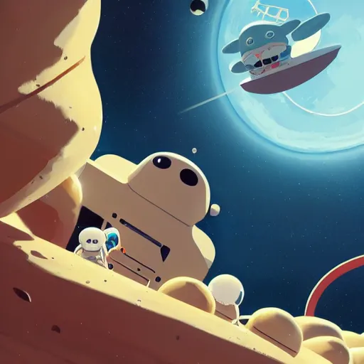 Image similar to baby harp seals astronauts attacking octupus aliens on an asteroid, atey ghailan, goro fujita, studio ghibli, rim light, sharp lighting, clear focus, very coherent,