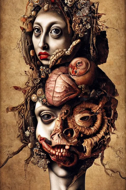 Image similar to Detailed maximalist portrait with large lips and with large wide eyes, surprised expression, surreal extra flesh and bones, HD mixed media, 3D collage, highly detailed and intricate, illustration in the golden ratio, in the style of Caravaggio, dark art, baroque