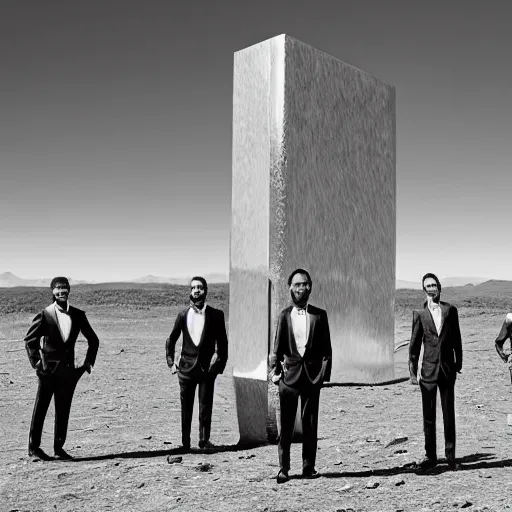 Prompt: Contamporary art fashion photography of ultra mega super hyper realistic detailed group of monkey's in suits standing around very highly detailed stainless steel monolith situated in the desert. Photo shot on ultra mega super hyper Leica Camera