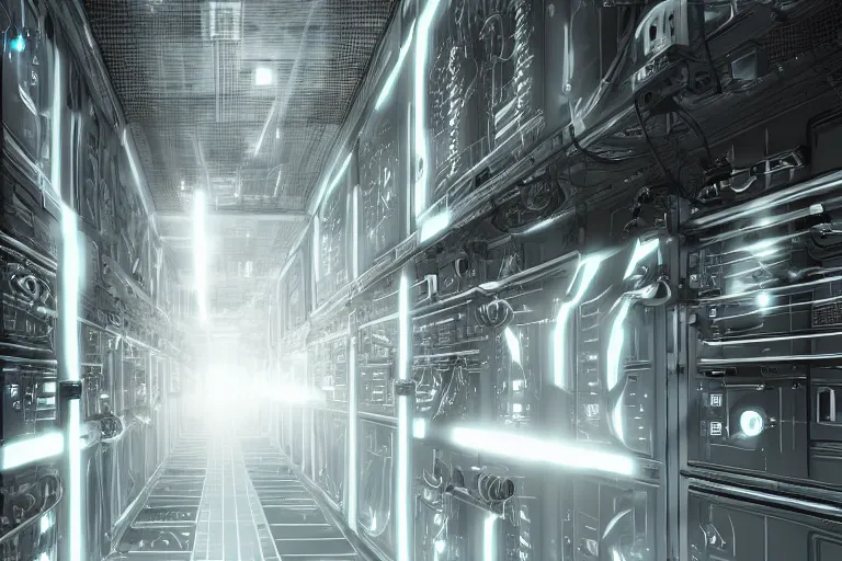 Image similar to parallax datacenter server room interior single mono colossus white rusty android guest robosaurus alarm artstation cinematic detailed concept art volumetric light sharp coherent cgsociety symmetric perfect well balanced shadows lotr hardware