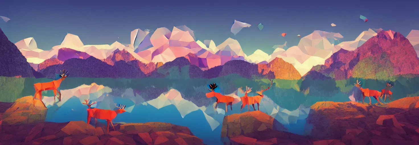 Image similar to super detailed color lowpoly art, northern sunset with rocks on front, blured monochromic lake in the middle of perspective and mountains at background, graphic reindeers in random points, unreal engine, david hockney color palette, 3d render, lowpoly, colorful, digital art