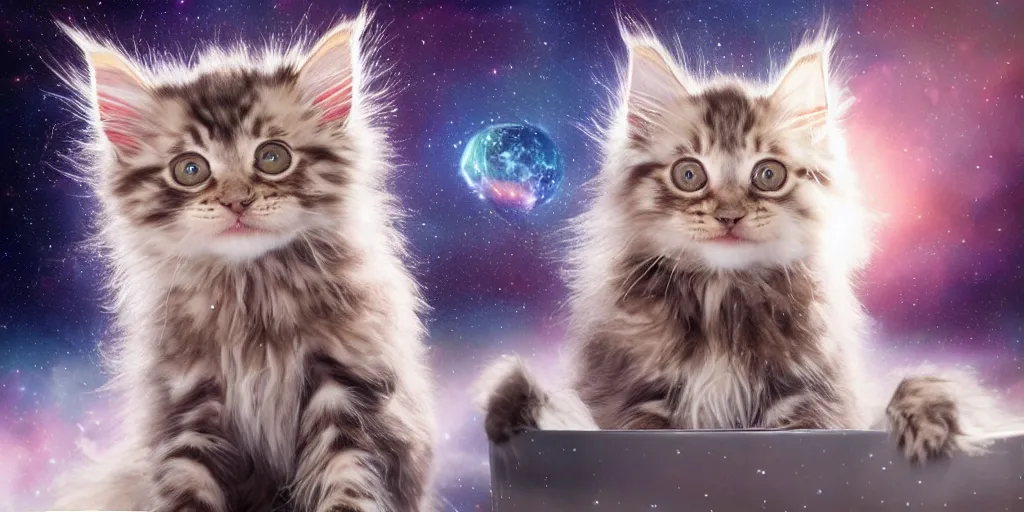 Image similar to a 3 d rendered movie still maine coon kitten descendant 1 million in the future. kitten wears a spacesuit, and explores cosmos in a space ship with a cat tree. science fiction blockbuster movie kittens rule the world or what's on tv? kittens!, dramatic lighting, imax 7 0 mm. buzz lightyear, ue 5, octane render.