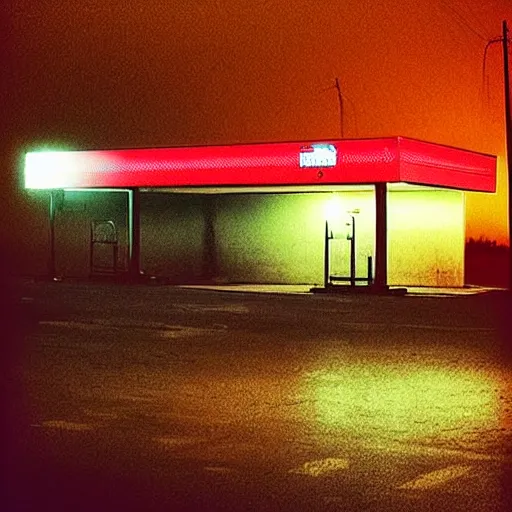 Prompt: “soviet gas station, fog, night, atmospheric lighting, red lights, digital photography”