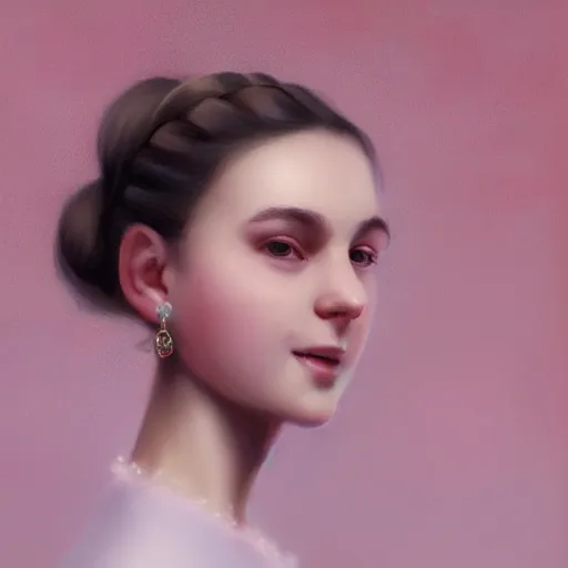 Image similar to portrait of girl, round face, brown hair, ponytails, half updo hairstyle, skinny, smile, attractive, small chin, wearing pink hair bow, earrings, intricate, elegant, glowing lights, highly detailed, digital painting, artstation, sharp focus, illustration, art by wlop, mars ravelo and greg rutkowski