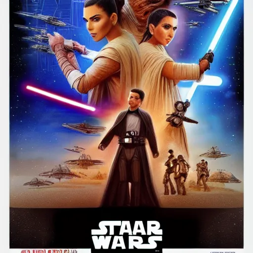 Image similar to super detailed star wars movie poster with ben shapiro, snooki and kim kardashian, 8k full HD photo, cinematic lighting, anatomically correct, oscar award winning, action filled, correct eye placement,