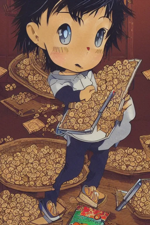 Image similar to manga cover, intricate cereal boxes background, cereal, emotional lighting, character illustration by tatsuki fujimoto