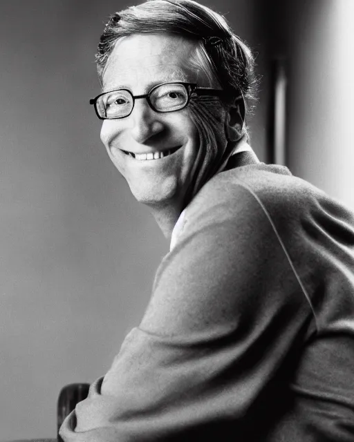 Prompt: portrait photograph of bill gates grinning, by yousuf karsh, highly detailed, dslr photography