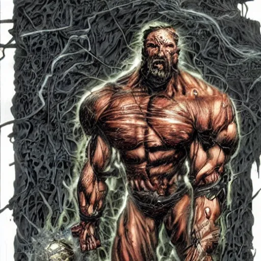 Image similar to by Simon Bisley, a cybernetically enhanced man on steroids growing out of an organic wall made of sinew and flesh