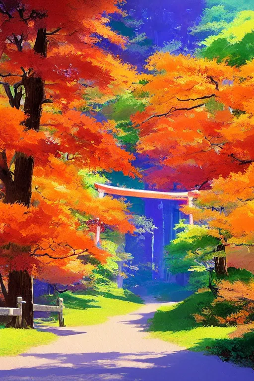 Image similar to Japanese Torii in a colorful moutain with COLORFUL trees ,morning , by studio ghibli painting, superior quality, masterpiece, by Grzegorz Rutkowski, concept art