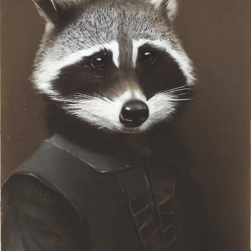 Prompt: a gentleman raccoon wearing a tophap, portrait, painting, detailed, artwork by Rembrandt