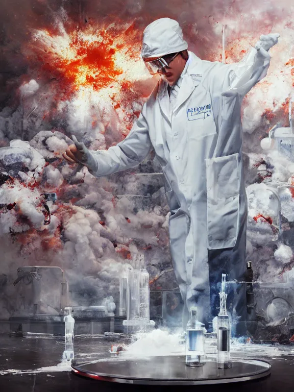 Prompt: scientist in a white coat, chemicals explosion on a white table in front of the scientist, digital art, digital painting, masterpiece, anatomically correct, five fingers, cinematic, high coherence, realistic, high quality, highly detailed, 8 k, dramatic lighting, path traced, centered, high definition