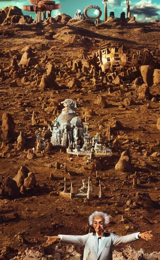 Image similar to salvador dali wearing a crown with jewels in a dry rocky desert landscape, visible sky and sunny atmosphere, alien city ruins in the background, film still from the movie by alejandro jodorowsky with cinematogrophy of christopher doyle and art direction by hans giger, anamorphic lens, kodakchrome, very detailed photo, 8 k