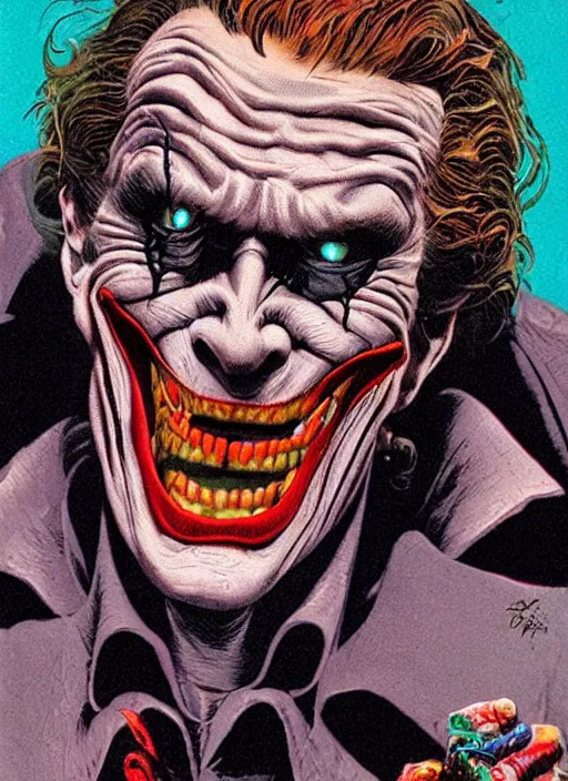 Image similar to willem dafoe as the joker, big smile, grotesque, horror, high details, intricate details, by vincent di fate, artgerm julie bell beeple, 1 9 8 0 s, inking, vintage 8 0 s print, screen print
