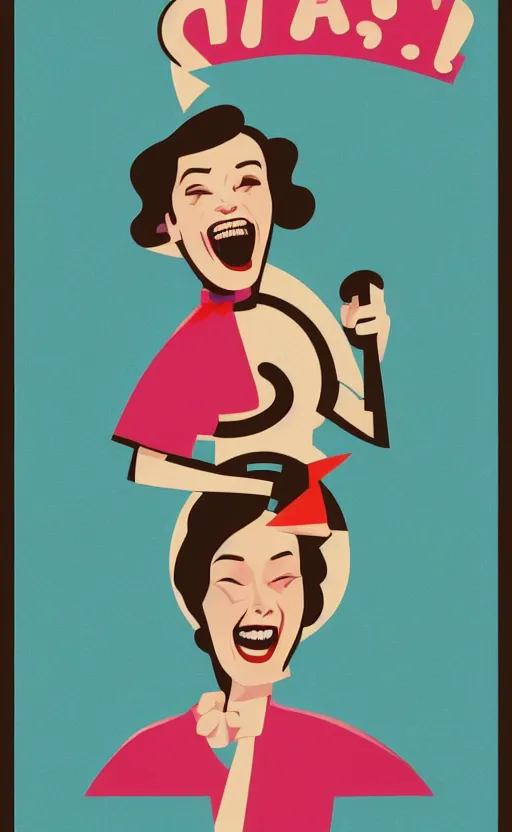 Image similar to illustration with a woman laughing out loud with open mouth, standup, comedy, joke, an art deco painting by tom whalen, trending on behance, art deco, digital illustration, storybook illustration, grainy texture, flat shading, vector art, airbrush, pastel, watercolor, poster