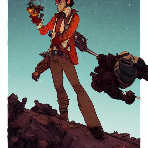 Image similar to Lalo Salamanca as Watts from RWBY, style of Borderlands and by Feng Zhu and Loish and Laurie Greasley, Victo Ngai, Andreas Rocha, John Harris