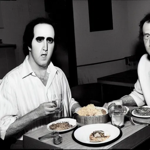 Image similar to Andy Kaufman and Charlie Kaufman having dinner together, photography,