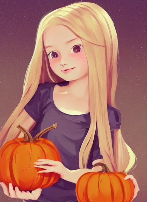 Prompt: little girl with long blonde hair holding a pumpkin. background is skulls. clean cel shaded vector art. shutterstock. behance hd by lois van baarle, artgerm, helen huang, by makoto shinkai and ilya kuvshinov, rossdraws, illustration, art by ilya kuvshinov