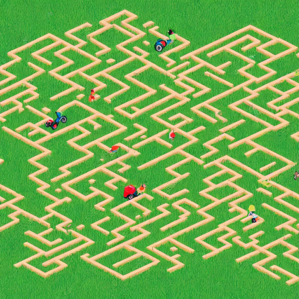 Image similar to wimmelbilder maze made of lawn with cartoon child mowing, isometric, very sharp