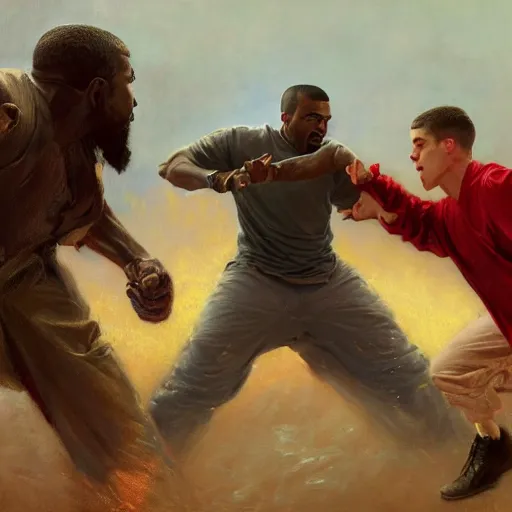 Image similar to a beautiful painting of handsome kanye west fighting handsome pete davidson, rendered art, highly detailed painting by gaston bussiere, craig mullins, j. c. leyendecker 8 k, trending on artstation, art