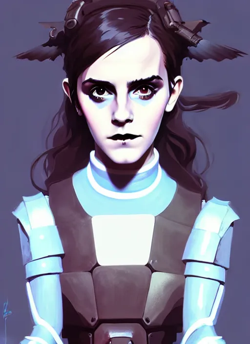 Image similar to portrait of cute goth emma watson in cyber armor, warhammer, cyberpunk, by atey ghailan, by greg rutkowski, by greg tocchini, by james gilleard, by joe fenton, by kaethe butcher, by gustav klimt, dynamic lighting, gradient light blue, brown, blonde cream and white color in scheme, grunge aesthetic