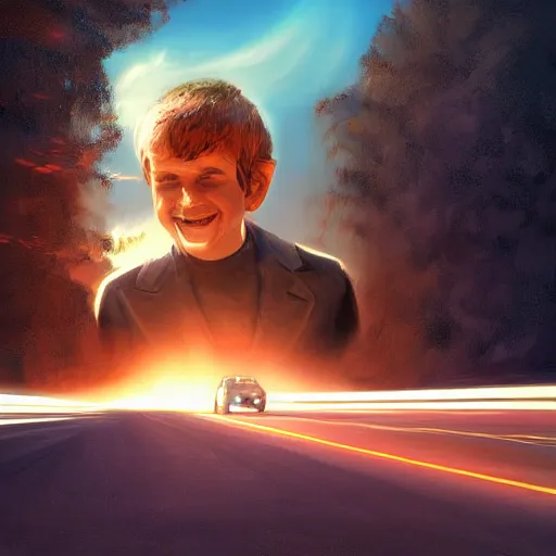 Prompt: Giant head of david copperfield with four wheels, running fast on a californian highway, digital painting, 4k, rays of light, particles light, kuvshinov ilya