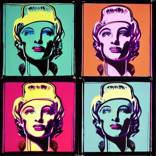 Image similar to old robot, 6 panels by andy warhol, with highly contrasted colors and an illuminating background