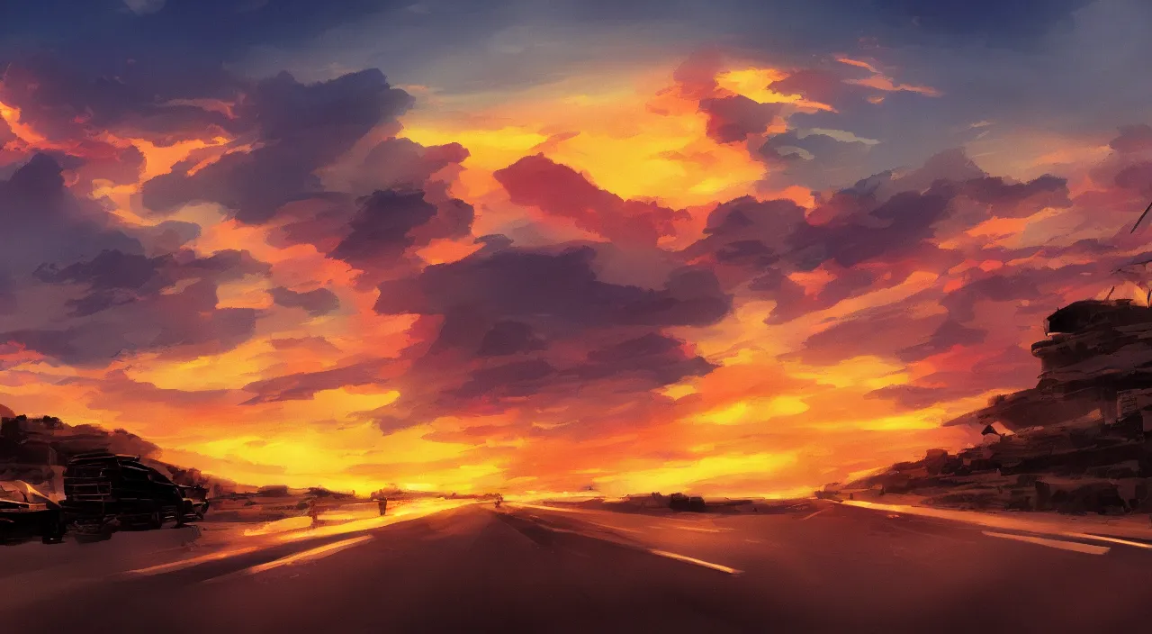 Prompt: sunset on highway beautiful sky southwest graphic novel illustration by frank miller concept art matte painting artstation 4 k