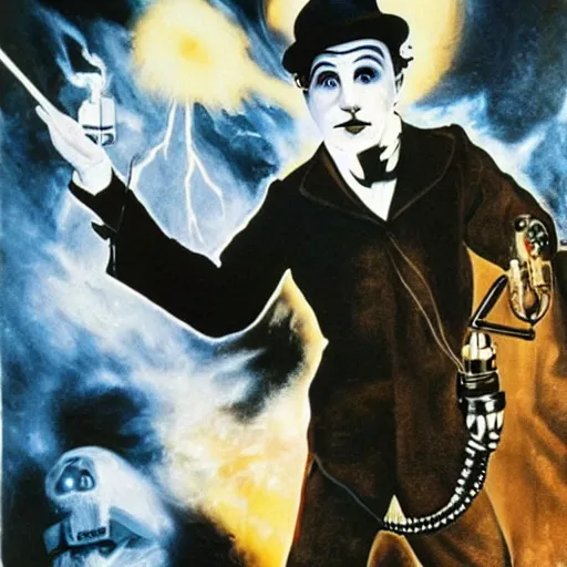 Prompt: Charlie Chaplin as The Terminator, movie poster, dramatic lightning