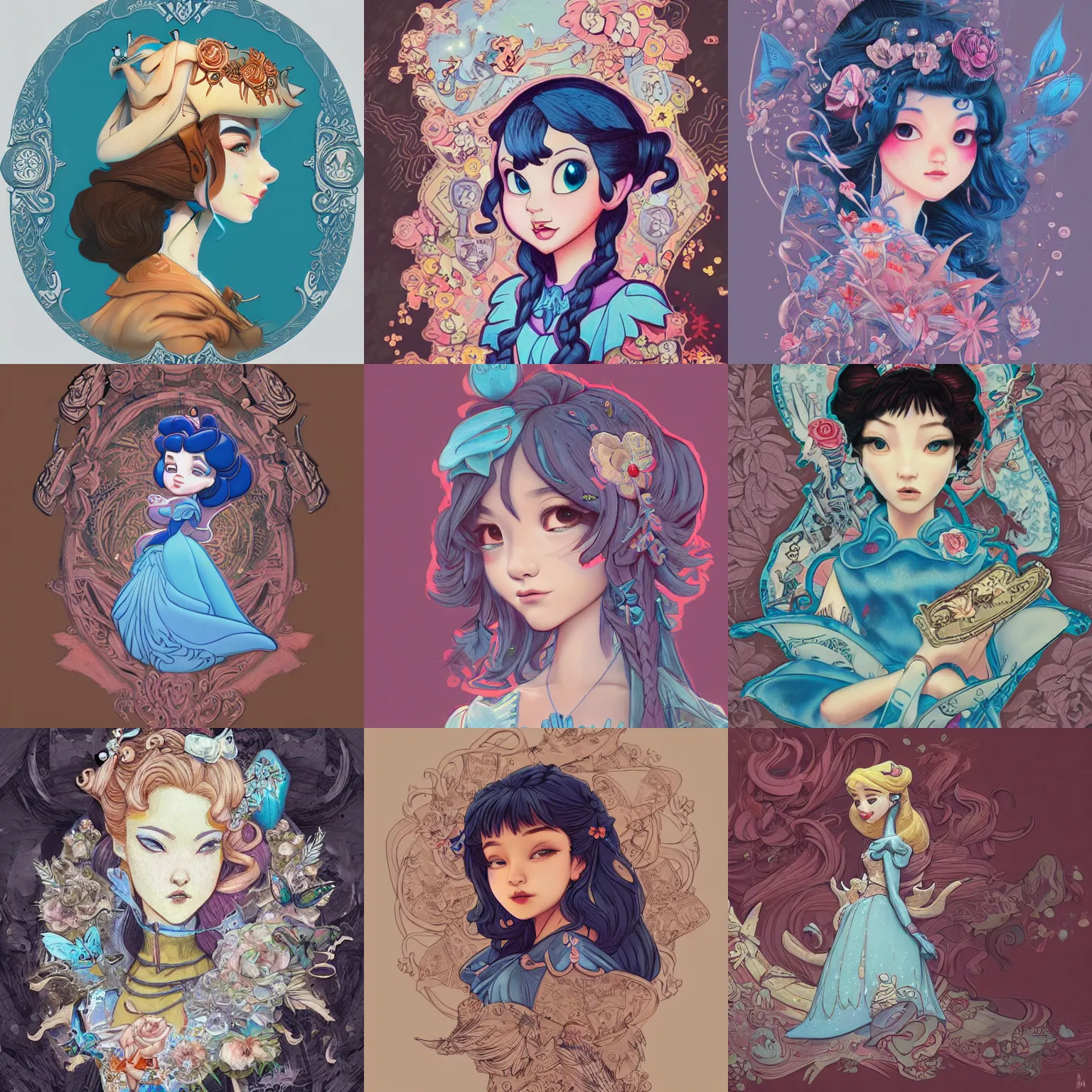 Prompt: disney's princess, old sticker patch in the style of Jin Kagetsu, James Jean and wlop, highly detailed, masterpiece, award-winning, sharp focus, intricate concept art, digital painting, ambient lighting, 4k, artstation, RTX 3080