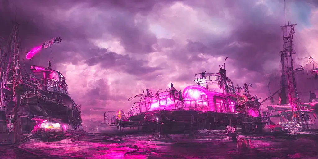 Prompt: pink underground, pirate neon ship with punks on board, mohawks, neon, oil painting, pink, rich deep colors masterpiece, ultra detailed, contrast, heaven pink, lots of roman arches, punk rock with mohawks, clouds, sky, volumetric light, atmospheric lighting, dramatic, cinematic, moody, octane render 4 k, 8 k