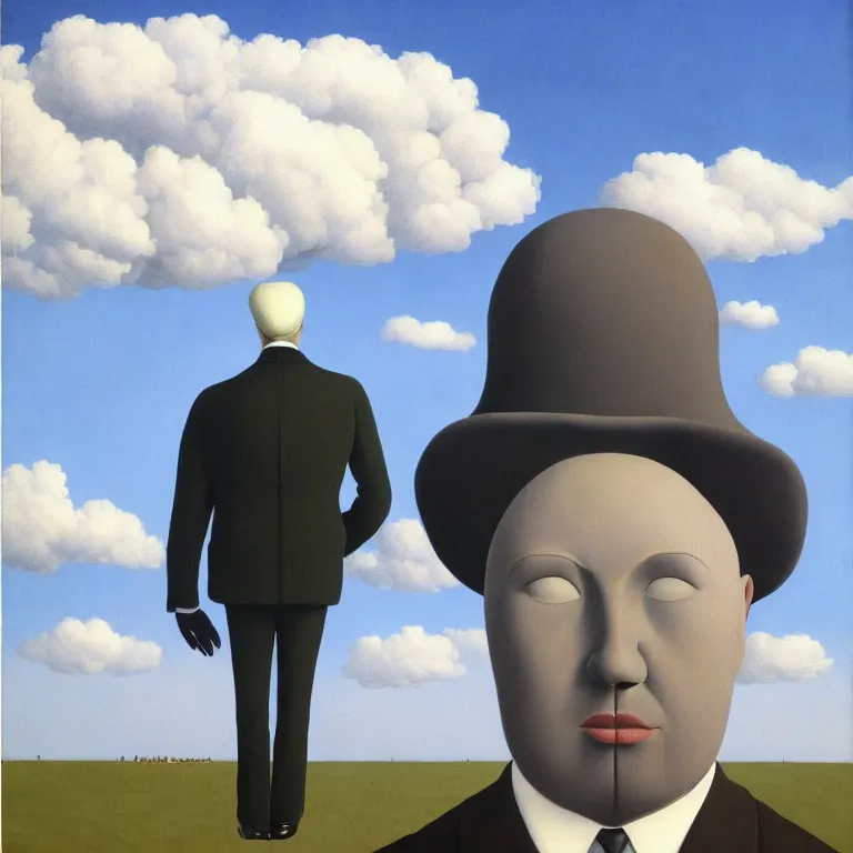 Image similar to portrait of a faceless tulip - head man in a suit, clouds in the background, by rene magritte, detailed painting, distance, middle centered, hd, hq, high resolution, high detail, 4 k, 8 k