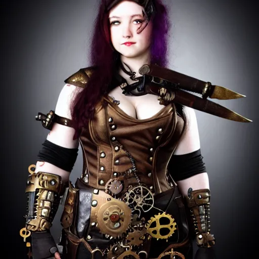 Prompt: photo of a real-life beautiful steampunk female warrior
